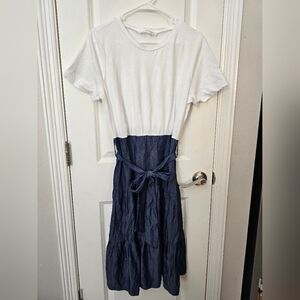 White and Blue Denim Short Sleeve Dress